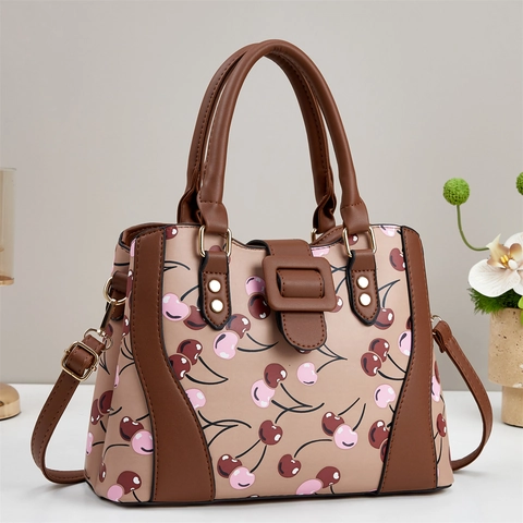 Damen Handtasche Mit Kirschdruck PU Leder Umhängetasche Verstellbarer Riemen Retro Nieten Mode Tote