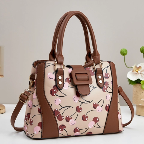 Damen Handtasche Mit Kirschdruck PU Leder Umhängetasche Verstellbarer Riemen Retro Nieten Mode Tote