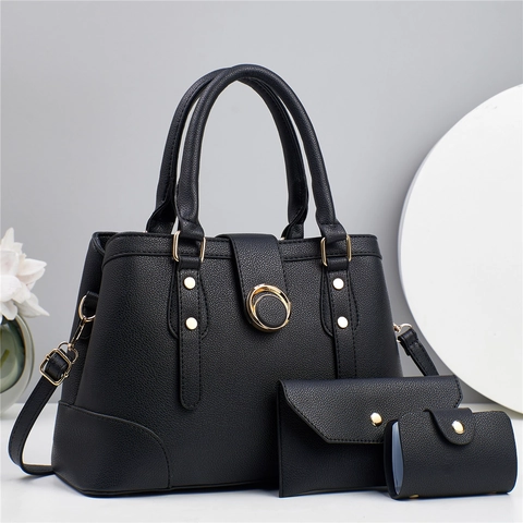 Women Matching Bags Litchi Grain PU Leather Handbag And Clutch And Card Holder Elegant Fashion Golden Ring Buckle
