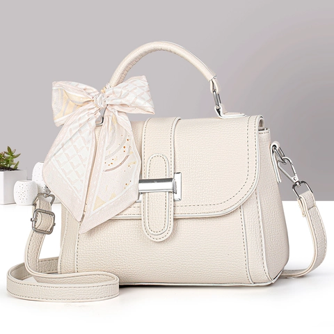 Vintage Women PU Leather Handbag Litchi Grain Crossbody Bag With Scarf Decor Flap Square Shoulder Bag For Daily Use
