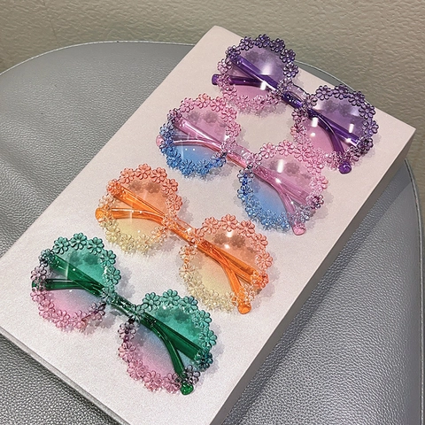 Lunettes De Soleil Enfants Marguerite Fleur Monture Ronde Verres Dégradés PC Mignon Plage Hawaï Fête Pour Filles