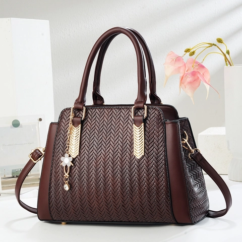 Damen Handtasche PU Leder Webmuster Große Kapazität Schultertasche Retro Mode Tasche Mit Blumenanhänger