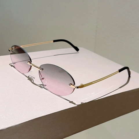 Randlose Ovale Sonnenbrille Mit Farbverlauf PC Gläser Metallrahmen UV400 Schutz Mode Brillen Für Urlaub Strand