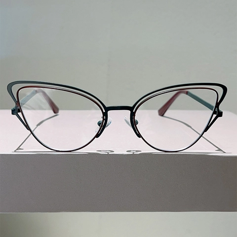 Cat Eye Anti Blue Light Glasses Metal Frame Double Layer Spliced Color Trendy Butterfly Eyewear For Women Men