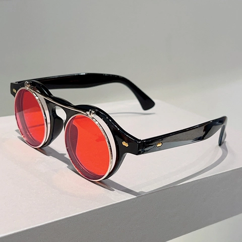 Retro Steampunk Flip Up Zonnebril Ronde Montuur Metaal Kunststof Frame UV400 Bescherming Punk Mode Bril Voor Heren Dames