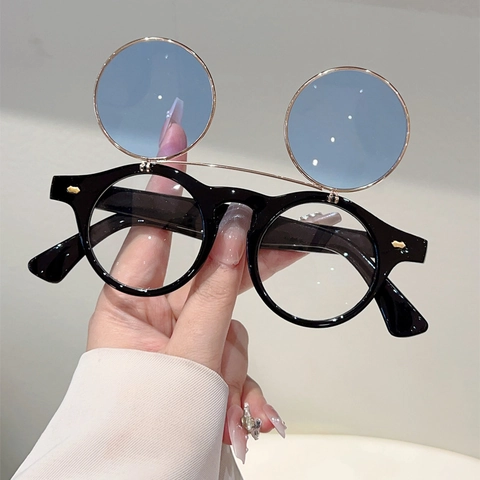 Retro Steampunk Flip Up Zonnebril Ronde Montuur Metaal Kunststof Frame UV400 Bescherming Punk Mode Bril Voor Heren Dames