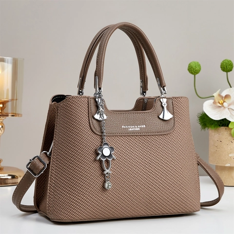 Bolso De Mano De Cuero PU De Moda Para Mujer Gran Capacidad Textura Trenzada Bolso De Hombro Tote Con Colgante De Flor