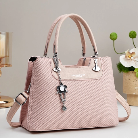 Bolso De Mano De Cuero PU De Moda Para Mujer Gran Capacidad Textura Trenzada Bolso De Hombro Tote Con Colgante De Flor