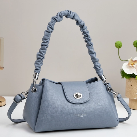 Women Handbag PU Leather Litchi Grain Crossbody Bag With Scrunchie Handle Silver Twist Lock Fashion Simple Style