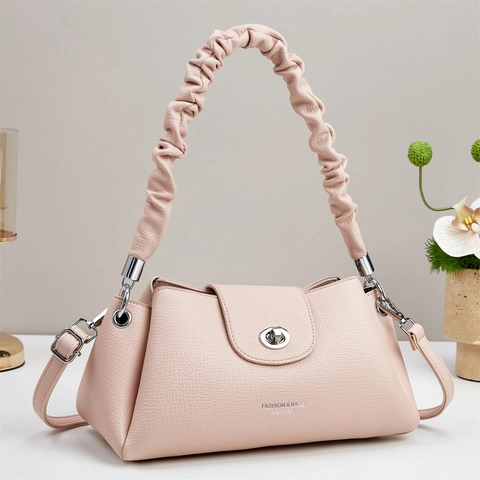 Women Handbag PU Leather Litchi Grain Crossbody Bag With Scrunchie Handle Silver Twist Lock Fashion Simple Style