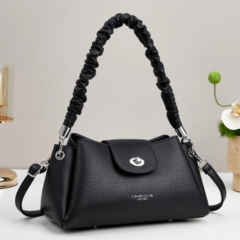 Sac à Main Mini pour Femme en Cuir PU Grain de Lychee Poignée Plissée Unique Sac à Bandoulière Fermoir Métallique Cadeau