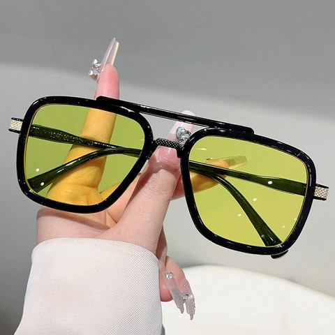 Occhiali Da Sole Quadrati Oversize Doppio Ponte Retro Moda Montatura PC Protezione UV400 Unisex