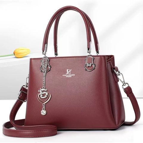 Sac À Main Femme Cuir PU Motif Litchi Poignée Supérieure Sac Bandoulière Avec Pendentif Coeur Élégant