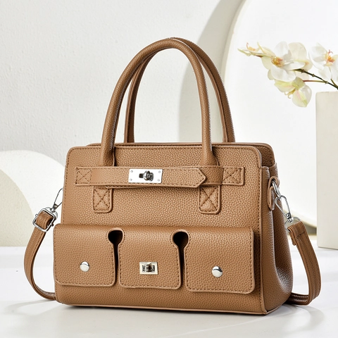 Lychee Pattern PU Leather Women Handbag Large Capacity Multi Pocket Shoulder Bag With Detachable Strap Chic Commuter Tote