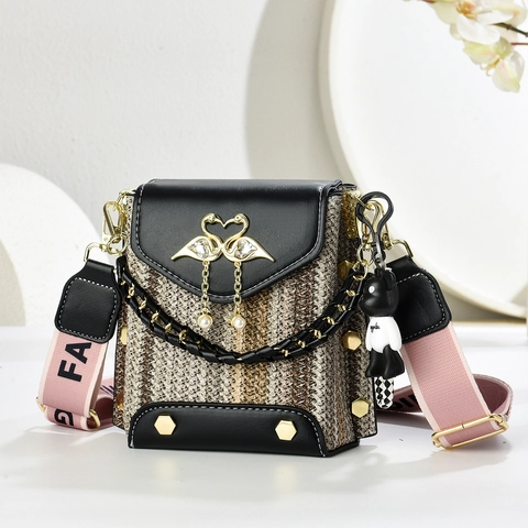 Women Crossbody Bag PU Leather Tweed Small Square Fashionable With Wide Strap Metal Swan Buckle Artificial Pearl Tassel Bear Pendant