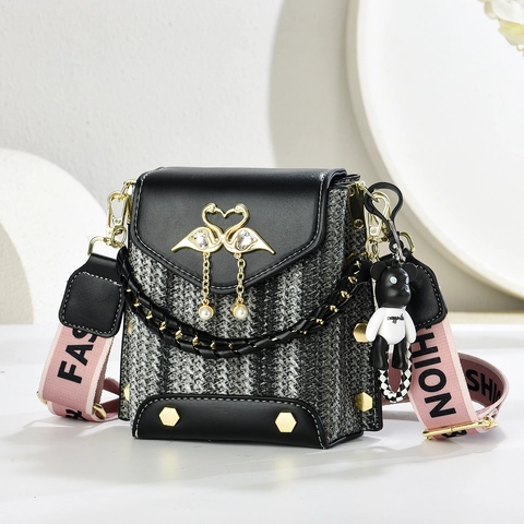 Women Crossbody Bag PU Leather Tweed Small Square Fashionable With Wide Strap Metal Swan Buckle Artificial Pearl Tassel Bear Pendant