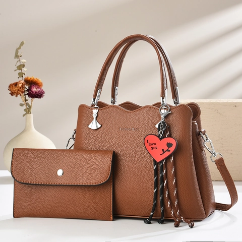 Women PU Leather Lychee Texture Tote Bag And Wallet Scalloped Edge Heart Pendant Adjustable Strap Casual Handbag