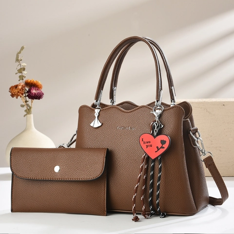 Women PU Leather Lychee Texture Tote Bag And Wallet Scalloped Edge Heart Pendant Adjustable Strap Casual Handbag
