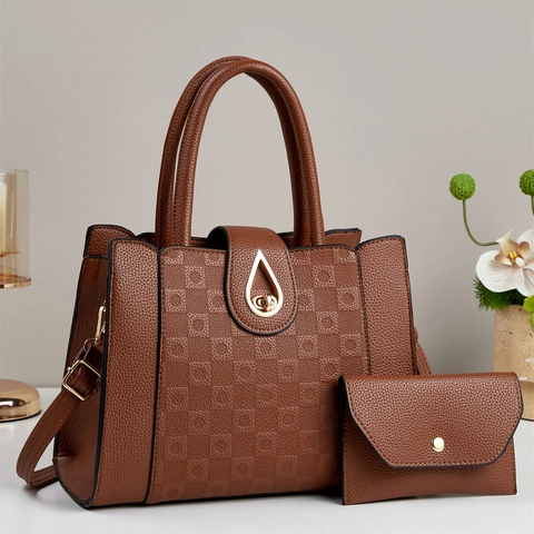 Women Handbag And Matching Pouch PU Leather Litchi Texture Embossed Pattern Gold Hardware Tote Crossbody Shoulder Bag