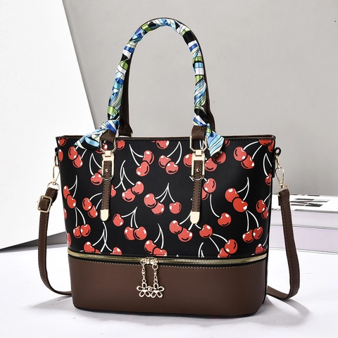 Women Tote Handbag PU Leather Cherry Print Satin Scarf Decor Shoulder Bag Large Capacity Cross-Border Trend Fashion
