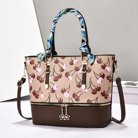 Women Tote Handbag PU Leather Cherry Print Satin Scarf Decor Shoulder Bag Large Capacity Cross-Border Trend Fashion