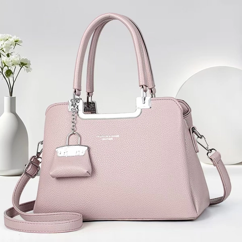 Women Pebbled PU Leather Handbag Elegant Crossbody Shoulder Bag With Mini Bag Charm And Silver Hardware Urban Simple