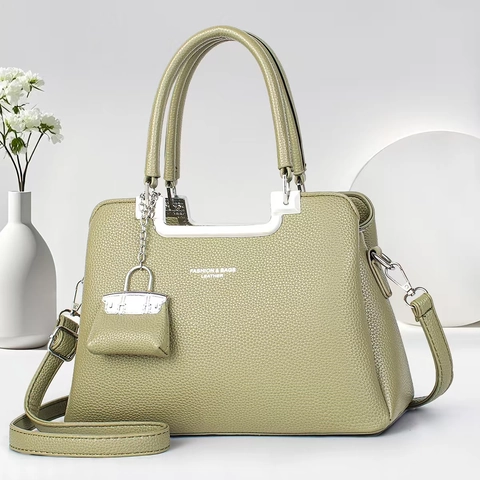 Women Pebbled PU Leather Handbag Elegant Crossbody Shoulder Bag With Mini Bag Charm And Silver Hardware Urban Simple