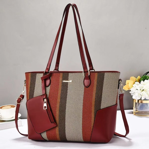 Grande Borsa Tote A Righe E Piccola Pochette Per Donna Pelle PU Tessuto Borsa A Tracolla Stile Retrò