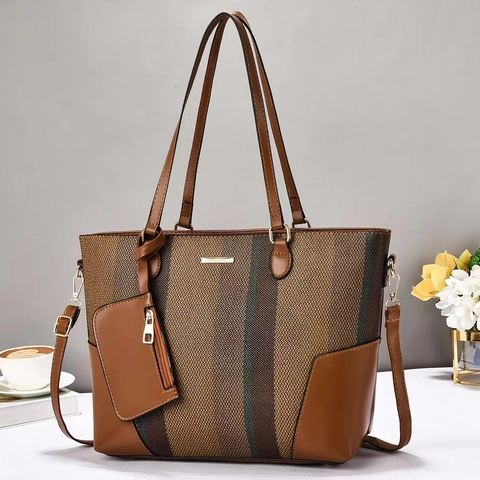 Large Capacity Women Tote Bag Patchwork Striped Canvas And PU Leather Handbag With Small Pouch For Daily Work Commute Chic
