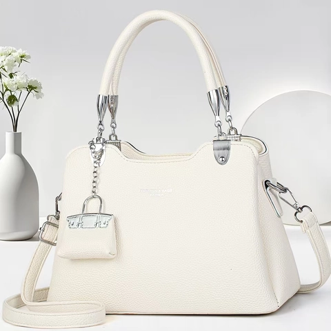 Elegant Litchi Pattern PU Leather Handbag For Women Silver Hardware With Mini Bag Pendant Crossbody Shoulder Bag