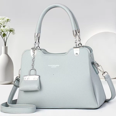 Elegant Litchi Pattern PU Leather Handbag For Women Silver Hardware With Mini Bag Pendant Crossbody Shoulder Bag