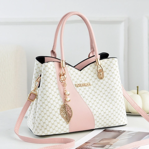 Women PU Leather Handbag Tote Monogram Print Color Block Crossbody Shoulder Bag With Leaf Artificial Pearl Charm Commuting