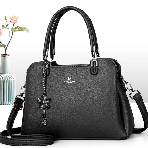 Sac À Main Pour Femme En Cuir PU Grain Litchi Avec Pendentif Fleur Et Bandoulière Réglable Pour Usage Quotidien