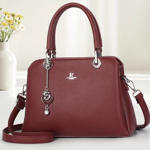 Sac À Main Sac Bandoulière Cuir PU Texture Lychee Pendentif Coeur Quincaillerie Argentée Poignée Supérieure Sangle Réglable Rétro