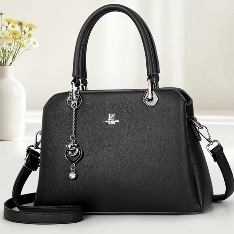 Sac À Main Sac Bandoulière Cuir PU Texture Lychee Pendentif Coeur Quincaillerie Argentée Poignée Supérieure Sangle Réglable Rétro