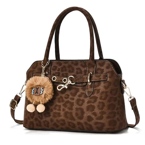 Leopard Print PU Leather Tote Bag Large Capacity Vintage Handbag With Plush Lion Charm For Women Commuting Crossbody