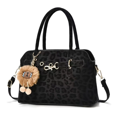 Leopard Print PU Leather Tote Bag Large Capacity Vintage Handbag With Plush Lion Charm For Women Commuting Crossbody