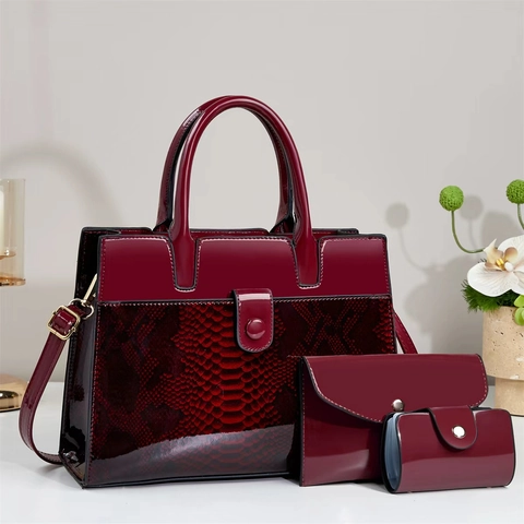 Damen Mode Handtasche Umhängetasche Set Mit Tote Clutch Kartenhalter Schlangenprägung PU Lackleder Große Kapazität