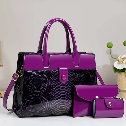 Women Patchwork Snakeskin Patent Leather Handbag With Wallet And Card Holder Elegant Crossbody Shoulder Bag For Daily Office