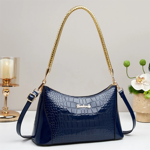 Women Crocodile Pattern PU Underarm Bag Glossy Niche Design Shoulder Bag With Gold Woven Handle Fashion Handbag Daily Matching