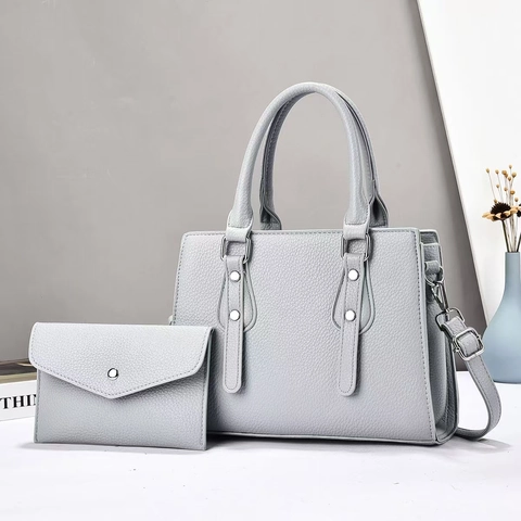 Sac À Main Élégant Pour Femme Et Portefeuille Enveloppe En Cuir PU Grainé Litchi Sac Fourre-Tout Avec Rivets Argentés