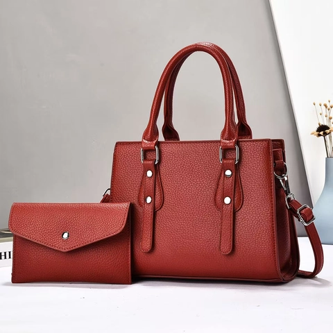 Sac À Main Élégant Pour Femme Et Portefeuille Enveloppe En Cuir PU Grainé Litchi Sac Fourre-Tout Avec Rivets Argentés
