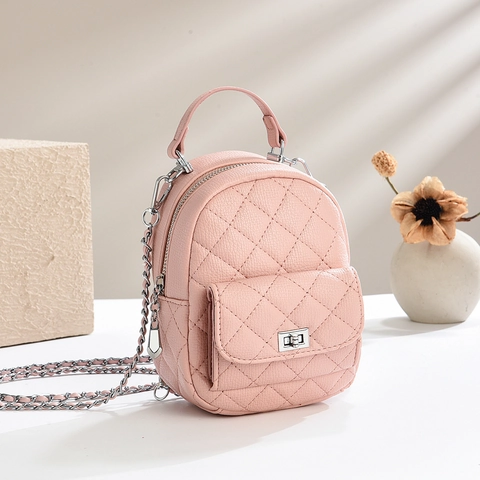 Mini Sac À Dos Femme Matelassé Cuir PU Argent Chaîne Métallique Mode Style Coréen Sac Bandoulière Petit