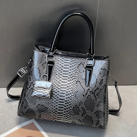Women Glossy Snake Skin Print Handbag PU Leather Large Tote Bag With Mini Charm Crossbody Shoulder Bag