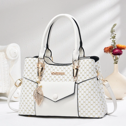 Borsa A Mano Da Donna In Pelle PU Borsa A Tracolla Motivo Monogramma Manico Estate Elegante Ciondolo Foglia Oro
