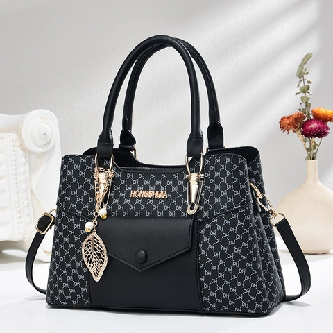 Borsa A Mano Da Donna In Pelle PU Borsa A Tracolla Motivo Monogramma Manico Estate Elegante Ciondolo Foglia Oro