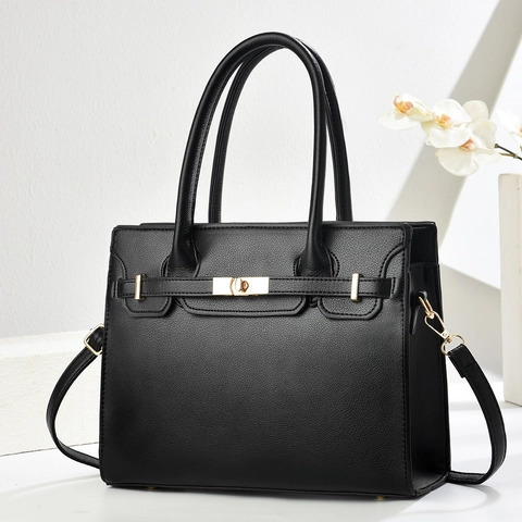 Women Handbag PU Leather Litchi Pattern Large Capacity Shoulder Crossbody Bag Gold Hardware Turn Lock Elegant Fashion