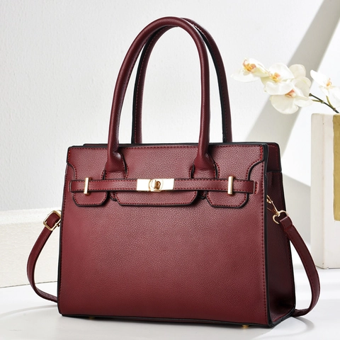Women Handbag PU Leather Litchi Pattern Large Capacity Shoulder Crossbody Bag Gold Hardware Turn Lock Elegant Fashion