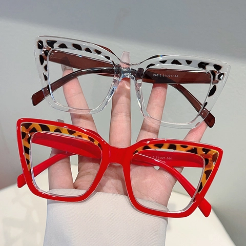 Women Cat Eye Anti Blue Light Optical Glasses Frame Retro Leopard Print PC Fashion Square Plain Eyewear
