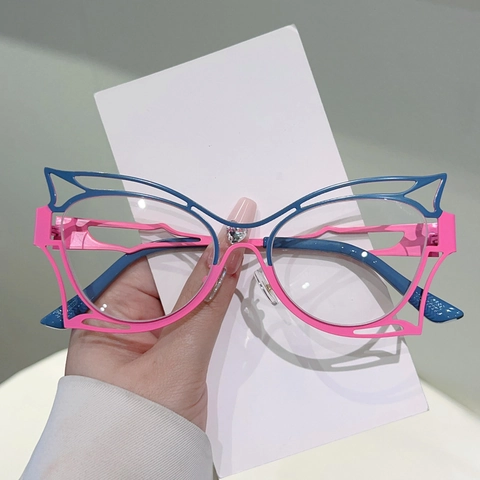 Occhiali Montatura In Metallo Farfalla Cava Lenti PC Filtro Luce Blu Ottica Decorativa Moda Donna Strass
